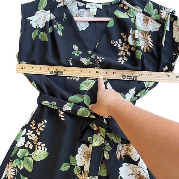 Monteau Black Floral‎ Wrap Front Tie Waist Women’s Floral Size XS Midi Dress - Picture 8 of 10